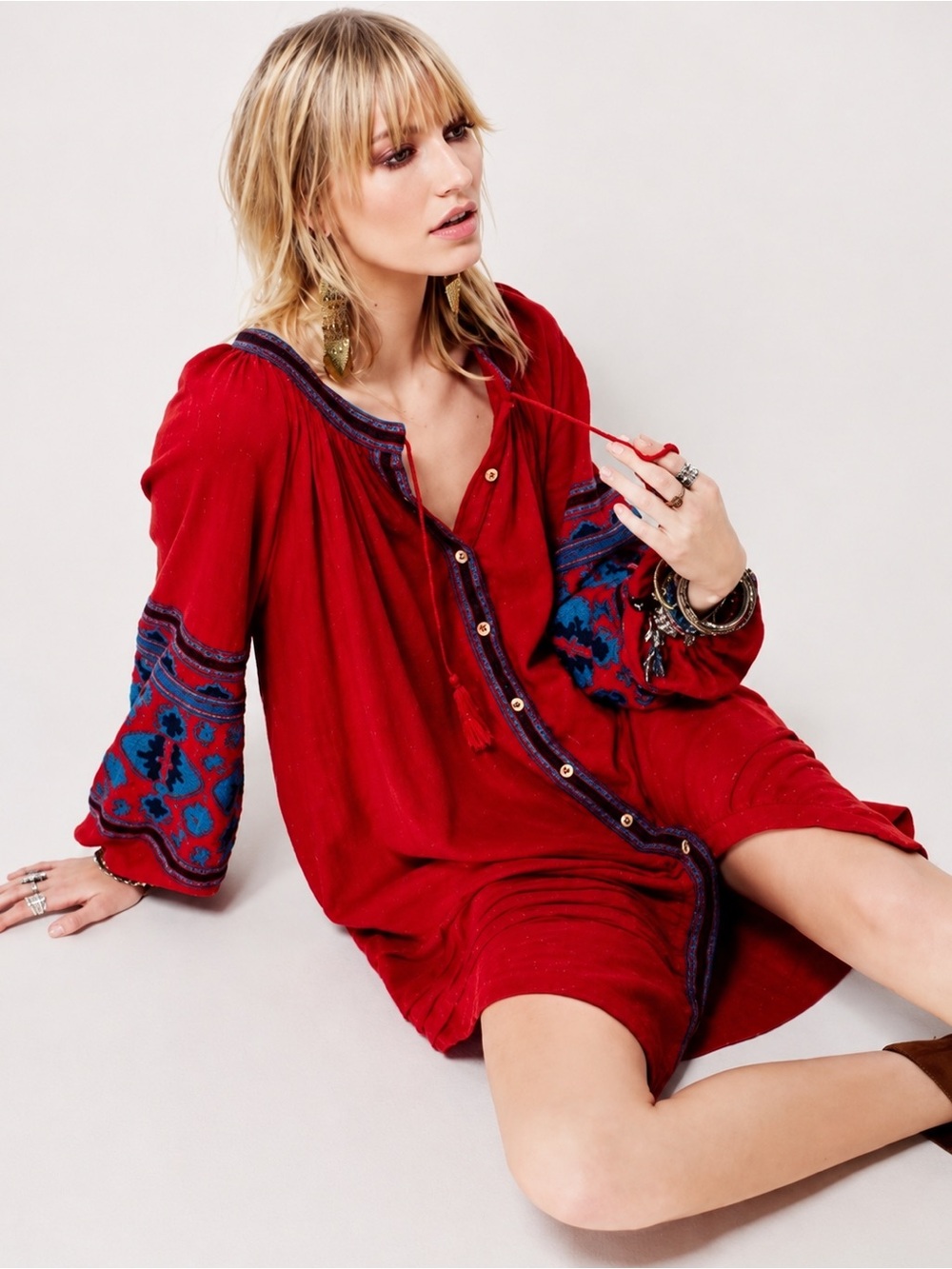 🌵 Free People In The Clear Tunic Dress Embroidered Boho Red Blue Size S ❤️